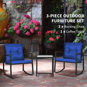 3-Piece Wicker Rocking Bistro Set with Glass Coffee Table, Blue
