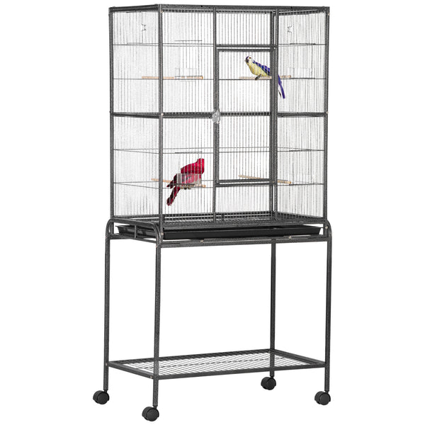 Metal rolling bird cage with removable stand with wheels, black
