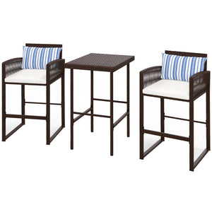 3 Piece Wicker Bar Set, Bar Table and Chairs with Cushions