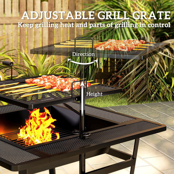 Square Outdoor Fire Pit Firepit with Adjustable Grill Grate, Wood Fire Pit with Adjustable Foot Pads, Outer Ledge, Poker for Backyard Bonfire Picnic, Black