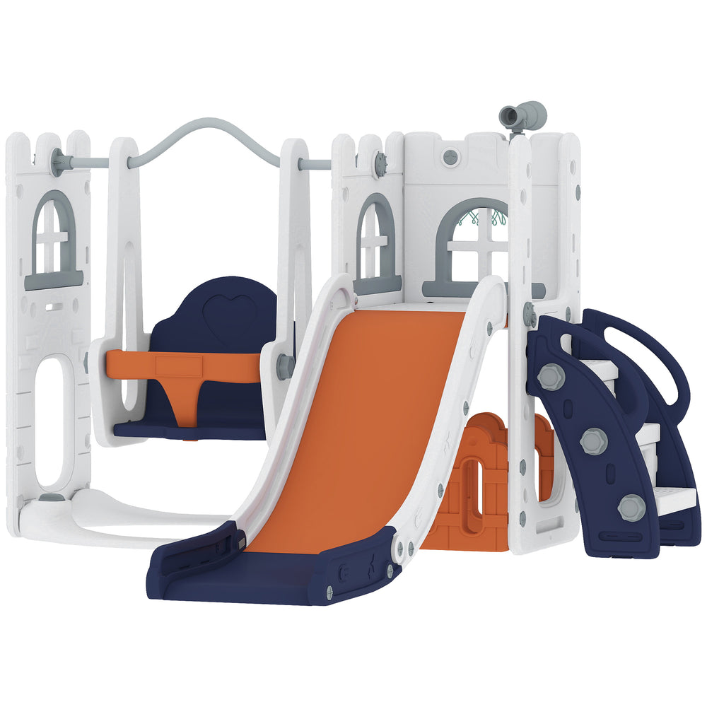 Qaba 6-in-1 Indoor Play Set with Slide, Swing, Basketball Hoop, Climbing Structure, Storage Space and Telescope