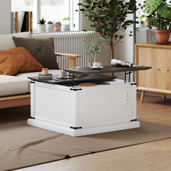 Lift-top coffee table with charging station, country style with concealed storage, white wood look.