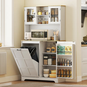 Storage Cabinet with Charging Station, 7 Gallon Trash Can and Adjustable Shelves, White