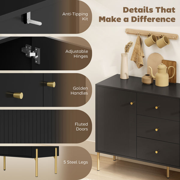 Modern storage sideboard with 3 soft-close drawers and 2 shelves, Black