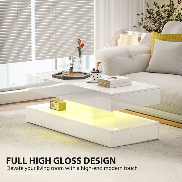 Coffee table with adjustable LED lighting and 2 drawers, glossy white