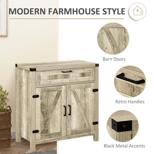 Farmhouse-style kitchen buffet with 2 rustic barn doors and a drawer, in oak