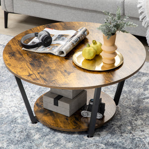 2-Tier Round Coffee Table with Storage Shelf, Rustic Brown