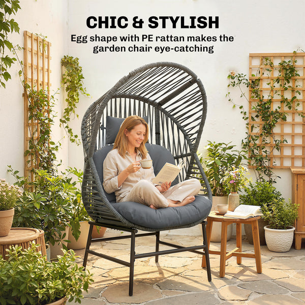 Wicker egg chair with thick cushion, headrest, and steel frame, dark gray