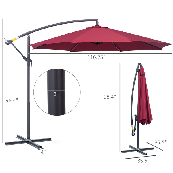 10' Patio Umbrella, Offset Hanging with Crank, Cross Base, Wine Red