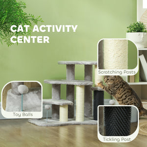 Cat tree with stairs and scratching post, light grey