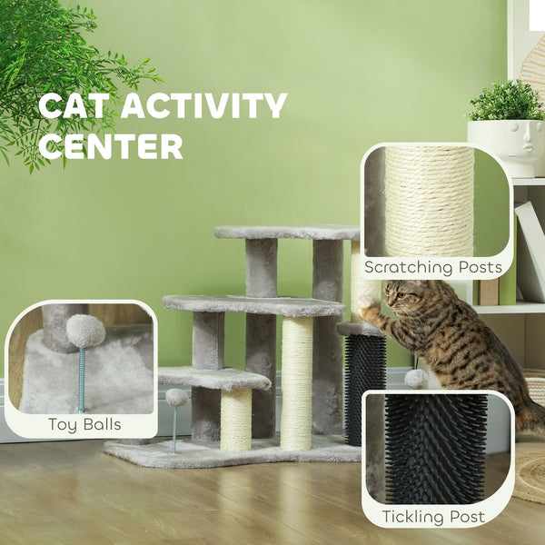 Cat tree with stairs and scratching post, light grey