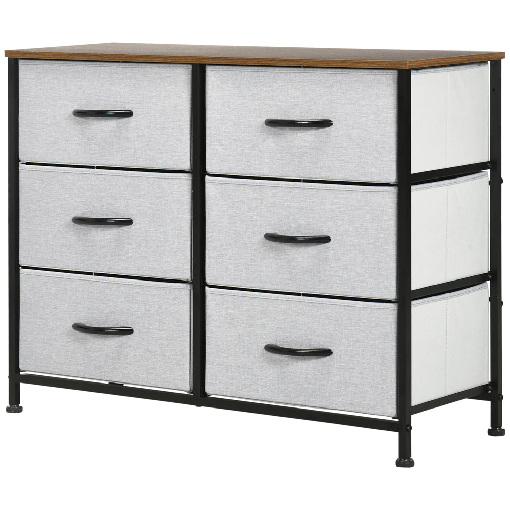 6-drawer fabric chest with steel frame, wood-effect top and handles, grey.
