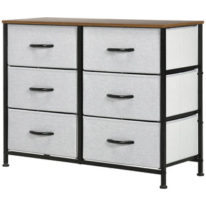 6-drawer fabric chest with steel frame, wood-effect top and handles, grey.