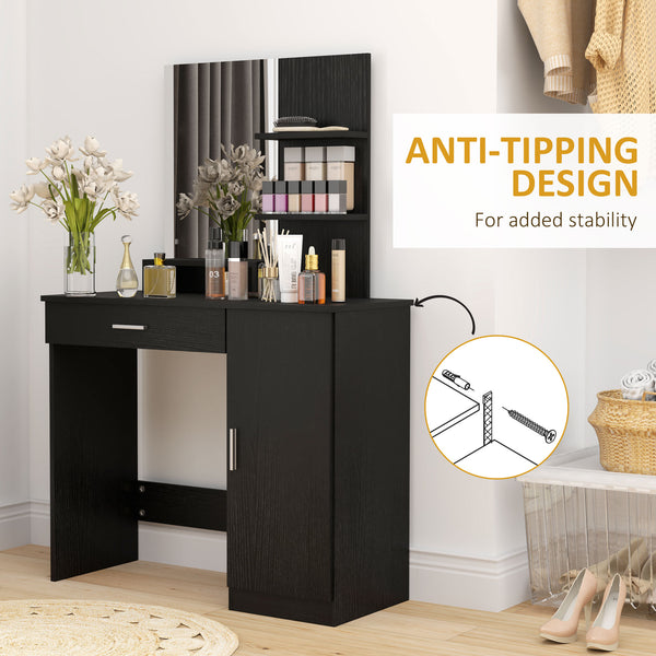 Dressing table with mirror, drawer, open compartment and shelves, black