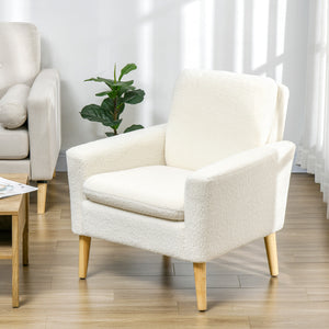 Modern upholstered armchair with wooden legs and wide padded seat, cream white