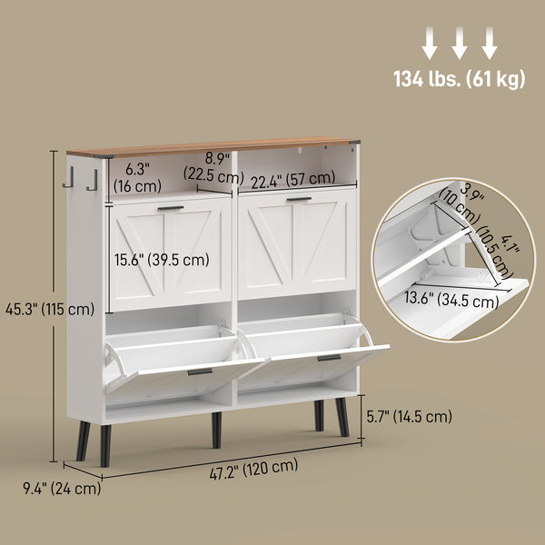 Shoe cabinet with 4 flip-down drawers, country style, narrow, holds up to 24 pairs, white