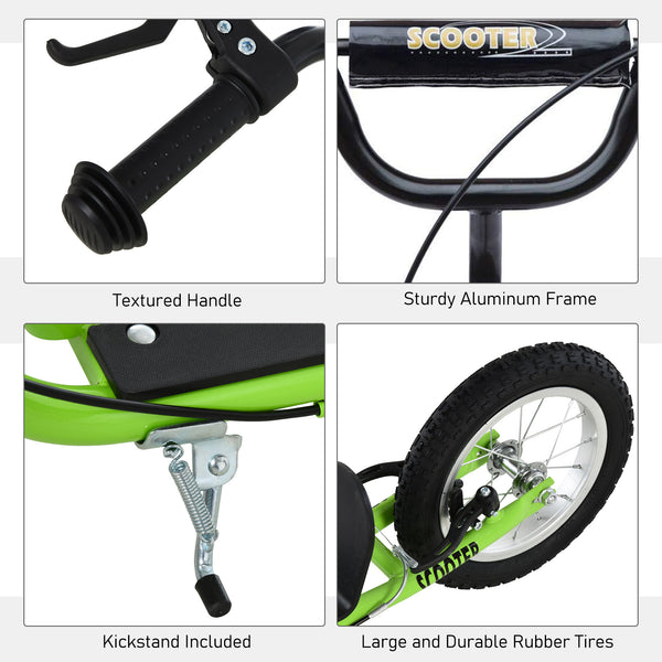 Scooter with adjustable handlebars, double brakes, inflatable wheels, green