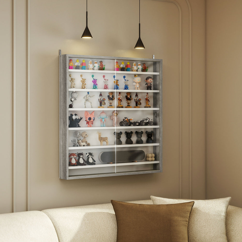 7-tier glass display cabinet with 2 glass doors and 6 adjustable shelves, gray