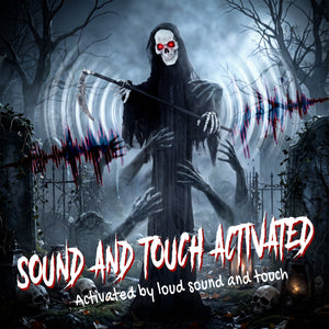 6 ft. Animated Halloween Reaper with Scythe, Red LED Eyes, Sounds and Motion – Black