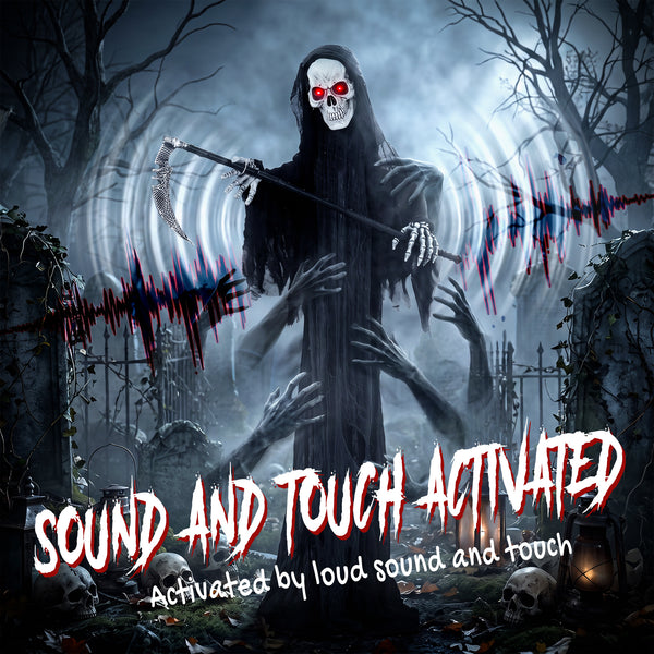 6 ft. Animated Halloween Reaper with Scythe, Red LED Eyes, Sounds and Motion – Black