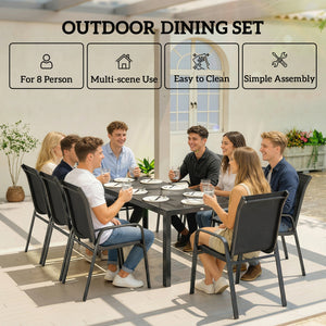 9-piece patio set, stackable chairs with glass tops for garden, terrace, yard, black