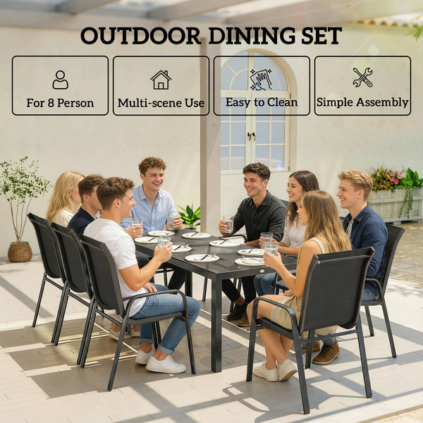 9-piece patio set, stackable chairs with glass tops for garden, terrace, yard, black
