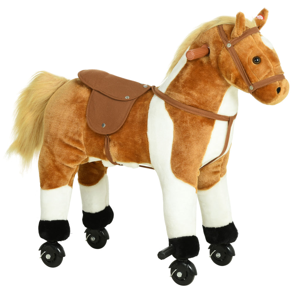Rocking horse with sounds and wheels, brown