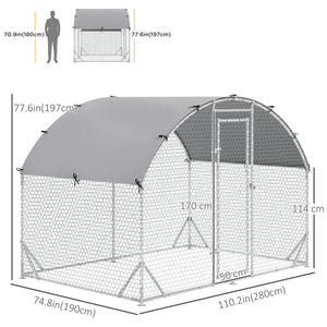 Galvanized metal chicken coop with outdoor run, silver