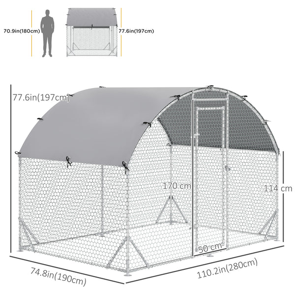 Galvanized metal chicken coop with outdoor run, silver