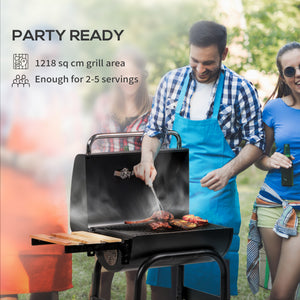 Charcoal barbecue with thermometer, shelves and wheels, black