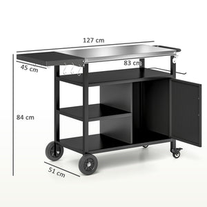 Outdoor BBQ Stand with Foldable Side Table, Stainless Steel Top, Pizza Oven Table with Wheels Hooks Shelves