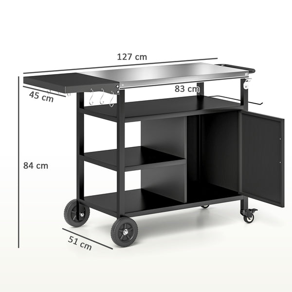 Outdoor BBQ Stand with Foldable Side Table, Stainless Steel Top, Pizza Oven Table with Wheels Hooks Shelves