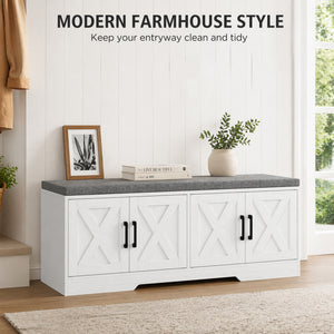 Shoe Bench with Cushion, Doors and Adjustable Shelves for Entryway, White