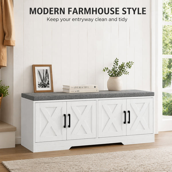 Shoe Bench with Cushion, Doors and Adjustable Shelves for Entryway, White