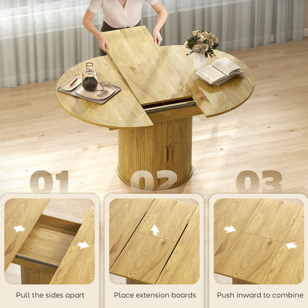 Extendable Dining Table for 6, 60" Farmhouse Kitchen Table with 2-Tier Storage Shelf and Fluted Sliding Doors, Natural