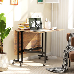 Folding drop-leaf dining table on casters for 6 people – Rustic brown and black
