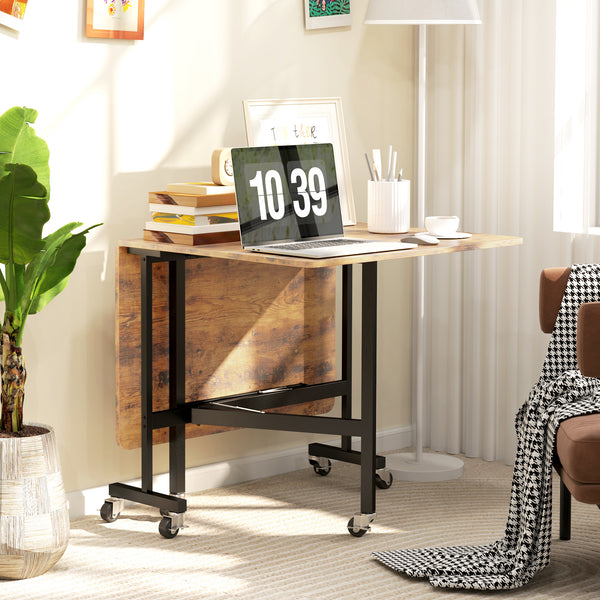 Folding drop-leaf dining table on casters for 6 people – Rustic brown and black