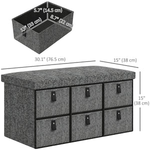 Shoe bench with cushion and 6 fabric drawers, anthracite grey