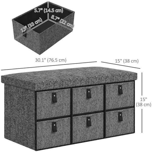 Shoe bench with cushion and 6 fabric drawers, anthracite grey