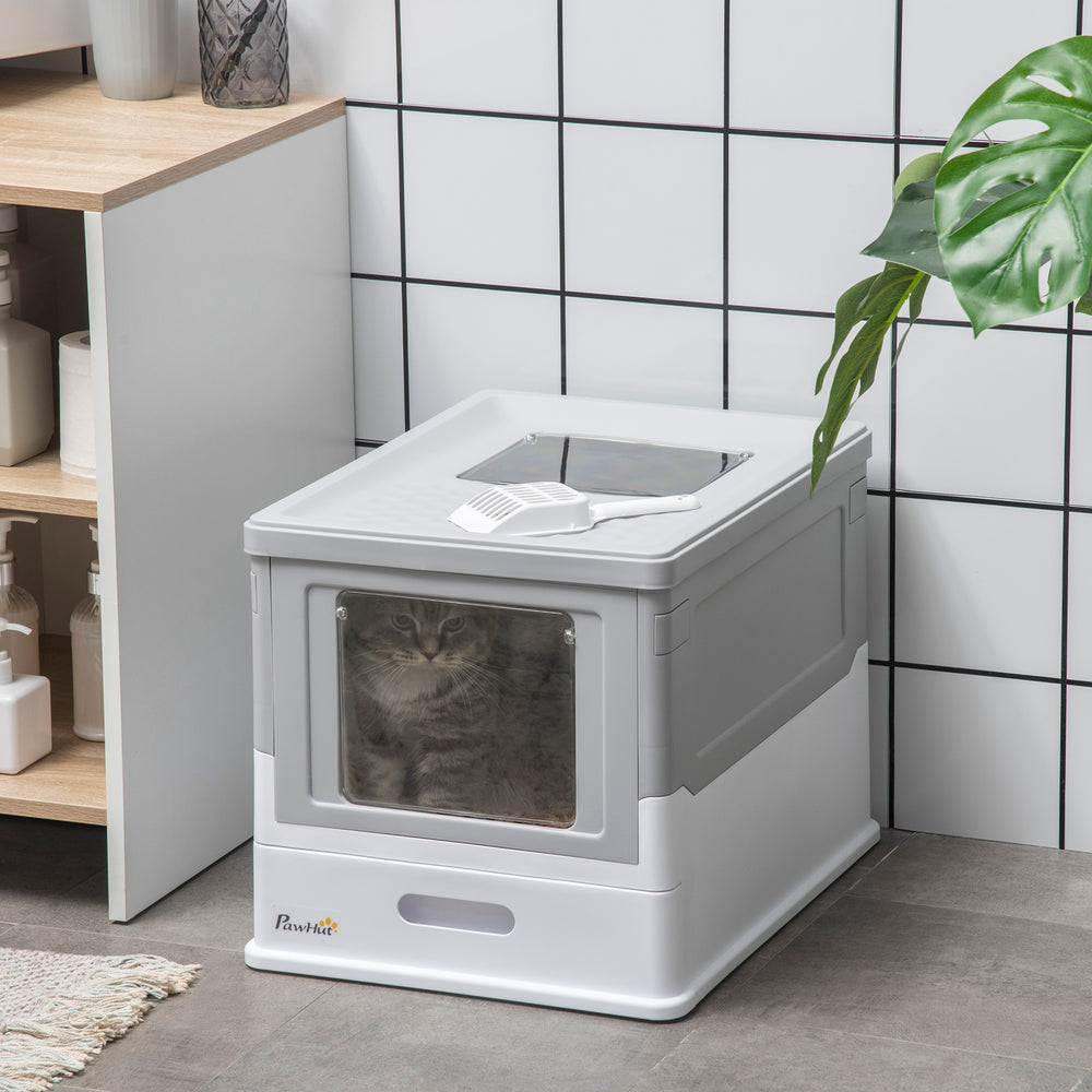 Enclosed litter box with scoop and tray, grey