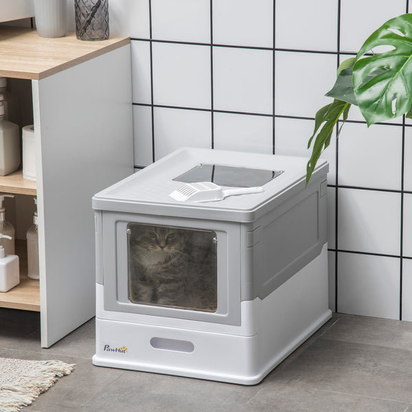 Enclosed litter box with scoop and tray, grey