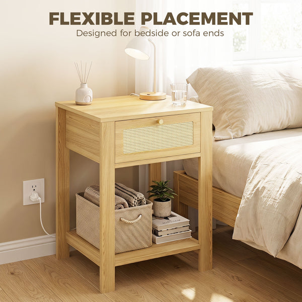 Side Tables with Drawer, Natural Wood Finish, Set of 2