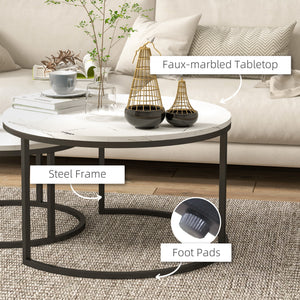 Set of 2 modern coffee tables with metal base, white marble effect