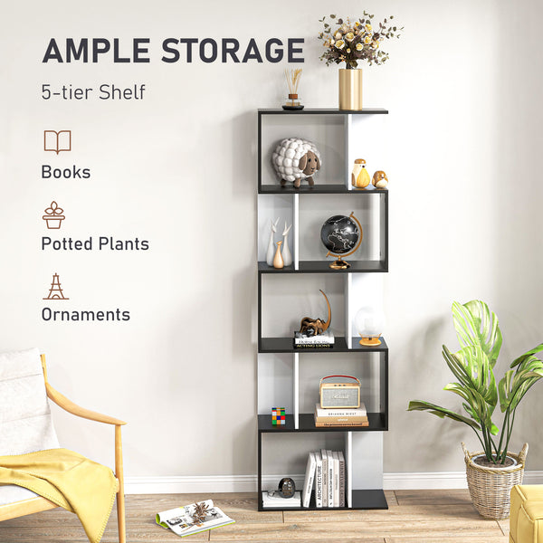 Modern 5-tier bookcase with divider, black and white