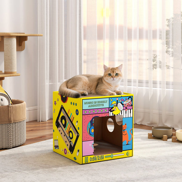 2-in-1 cardboard cat house with scratching board and catnip