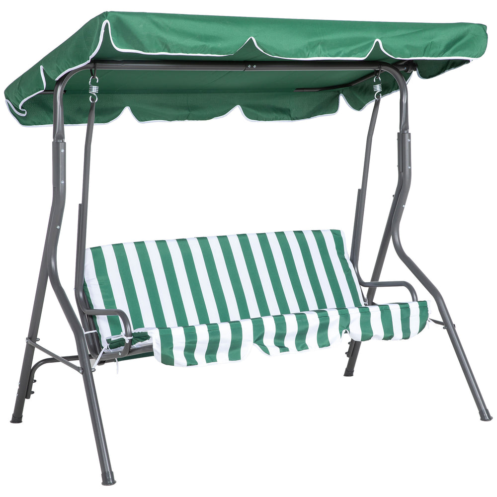 Outdoor swing chair with adjustable canopy, removable cushion and weather-resistant steel frame, green and white