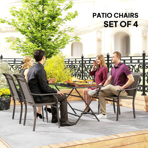 Set of 4 Patio Chairs with Armrests and High Back, Brown