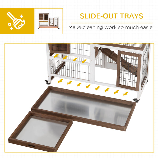 Wooden hutch with wheels, removable trays and run, brown