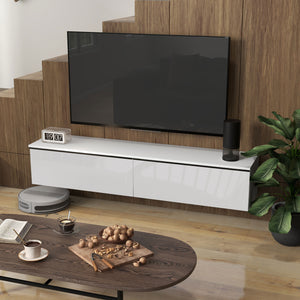 Floating wall-mounted TV cabinet up to 70 inches with storage, glossy effect, white