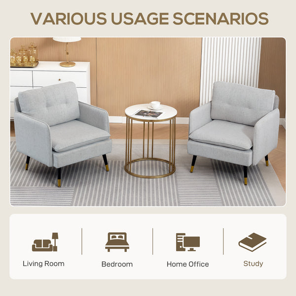 Set of 2 upholstered accent chairs with tufted back and steel legs, grey